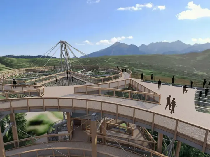Drewniany spacer w chmurach z widokiem na góry. Sprawdź sky walk cennik i zaplanuj wizytę!