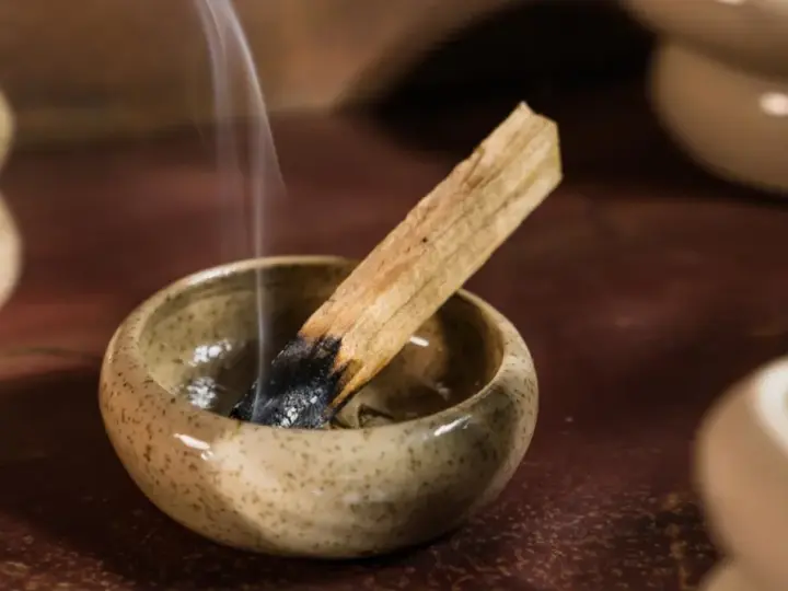 Dymiący patyczek palo santo w ceramicznej miseczce, unoszący się zapach wypełnia przestrzeń.