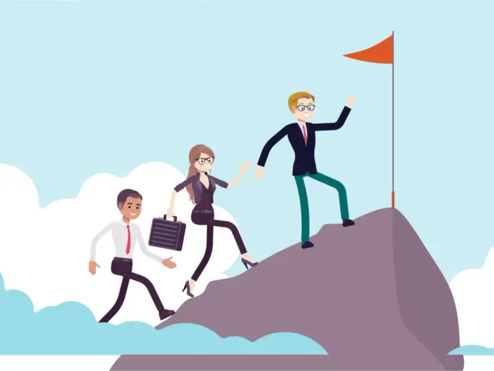 Teamwork in nonprofit management: a leader helps colleagues ascend a mountain to reach a flag, symbolizing shared goals and success.