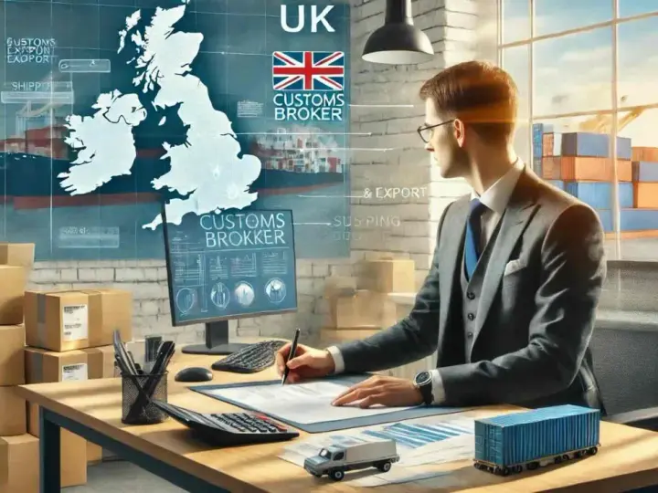 Mężczyzna w garniturze pracuje nad dokumentami, planując odprawy celne UK. Na ekranie mapa Wielkiej Brytanii i symbole transportu.
