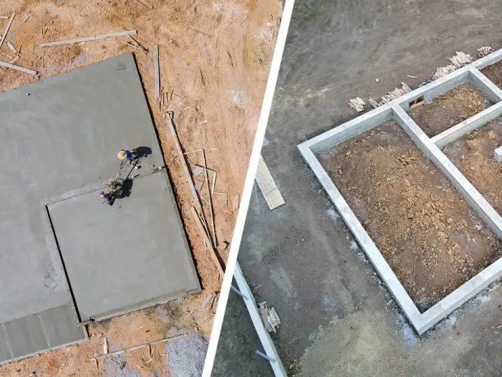 Dwa etapy budowy: wylewana płyta fundamentowa i gotowy fundament z betonu.