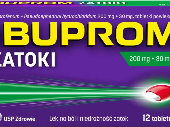 Opakowanie leku Ibuprom Zatoki, który jest dobrym lekiem na zatoki, zawiera 12 tabletek powlekanych.