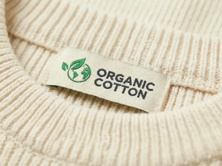 Metka z napisem "ORGANIC COTTON" na kremowym swetrze z prążkowanej dzianiny. To świadczy o tym, że cotton to materiał ekologiczny.