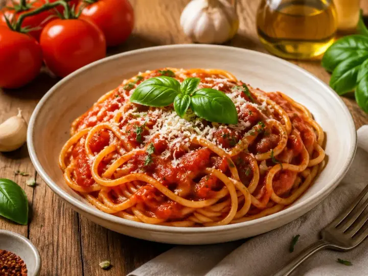 Talerz spaghetti z sosem pomidorowym, posypany parmezanem i udekorowany bazylią.
