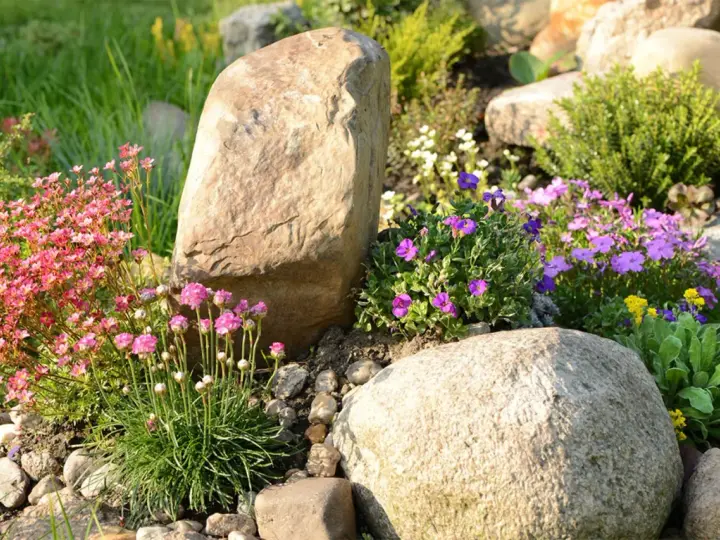 Natürliche Steine und bunte Blumen verschönern den Garten. Ein Steinbeet mit rosa und lila Blüten, ideal zum **Garten dekorieren mit Steinen**.