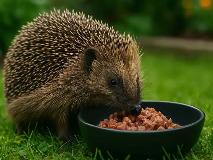 Jeż w ogrodzie zajada mokrą karmę z miseczki. Dowiedz się, czym karmić jeża w ogrodzie, by mu pomóc.