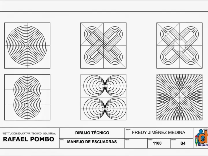 Dibujo técnico que demuestra el manejo de escuadras con diseños geométricos, incluyendo espirales y nudos.