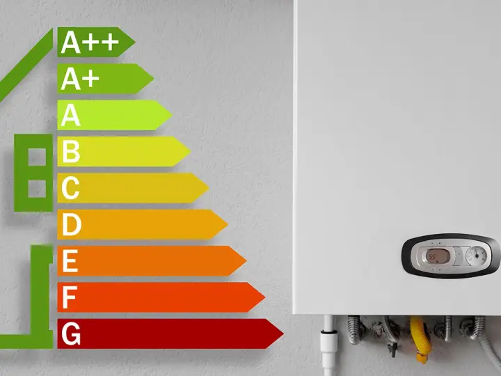 Caldaia a condensazione: come funziona per un'efficienza energetica A++. La scala mostra le classi di efficienza da A++ a G.