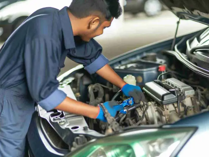 Mechaniker arbeitet am Motor. Er prüft die Kraftstoffpumpe, um die Kraftstoffpumpe Kosten zu ermitteln.