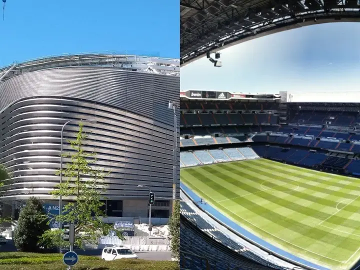 Nowy stadion Realu Madryt w budowie i gotowy do gry. Futurystyczna fasada i zielona murawa Santiago Bernabéu.