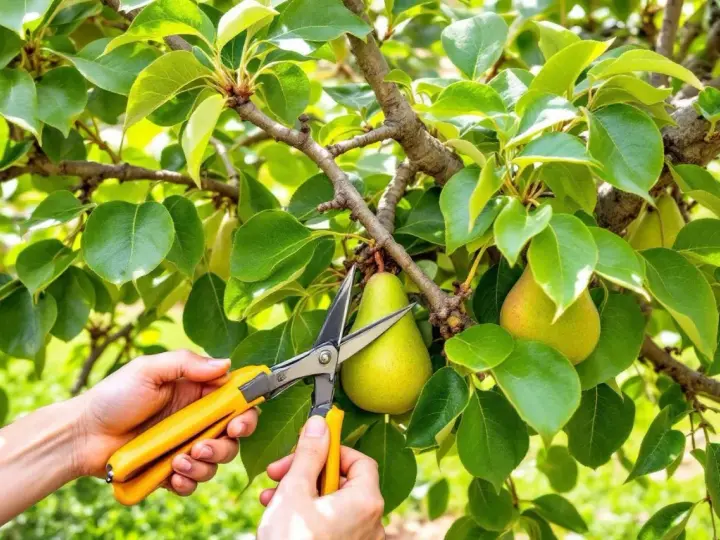 Mains tenant des ciseaux jaunes pour apprendre comment tailler un poirier, près de poires mûres sur une branche feuillue.