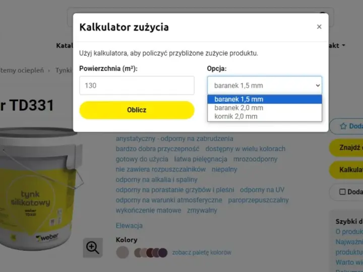 Kalkulator zużycia tynku silikonowego 25 kg. Wpisz powierzchnię 130 m² i wybierz opcję baranek 1,5 mm, aby obliczyć potrzebną ilość.