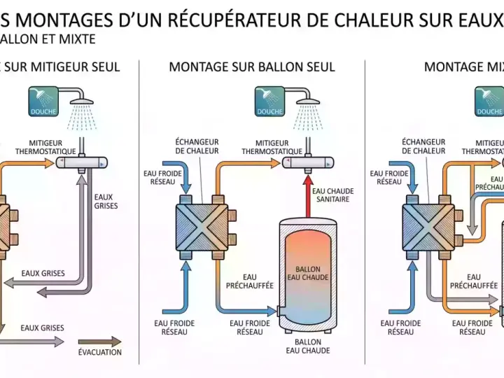 Schéma montrant trois systèmes de récupération d'eau de douche : mitigeur seul, ballon seul et mixte. L'eau grise préchauffée est réutilisée.