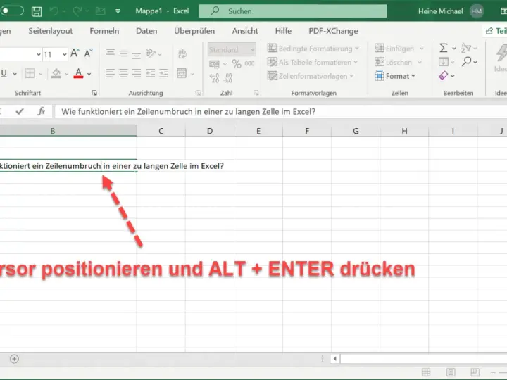 Excel: Zeilenumbruch in Zelle einfügen. Der Cursor wird in der Zelle positioniert, um einen Zeilenumbruch zu erzwingen.
