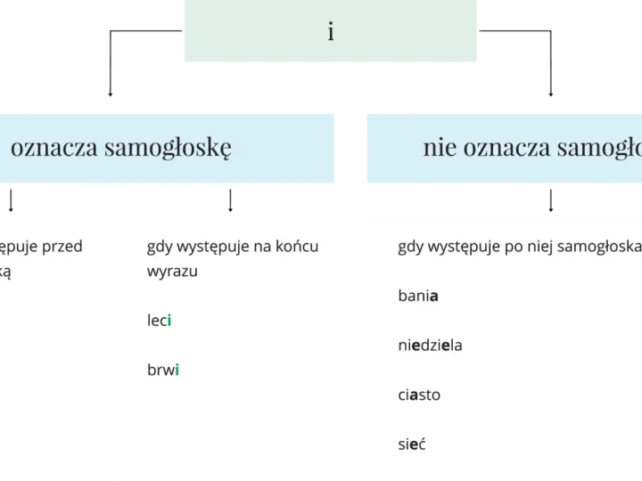 Diagram wyjaśnia, kiedy litera "i" oznacza samogłoskę (np. w słowach bez samogłosek jak "zima", "nic", "piłka", "leci", "brwi") a kiedy nie (np. w "bania", "niedziela", "ciasto", "sieć").
