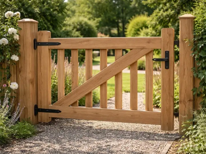 En vacker trägrind, perfekt för att bygga in din trädgård. Den har en robust design med svarta gångjärn och handtag.