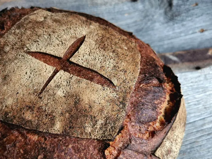 Ein frisch gebackenes Brot mit dunkler Kruste und einem Kreuzschnitt. So wird selbstgebackenes Brot dunkel: durch die Maillard-Reaktion beim Backen.