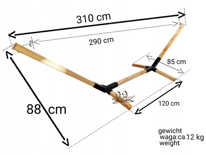 Drewniany stelaż do hamaka zrób sam, o wymiarach 310x88 cm, z elementami mocującymi i oznaczeniami.