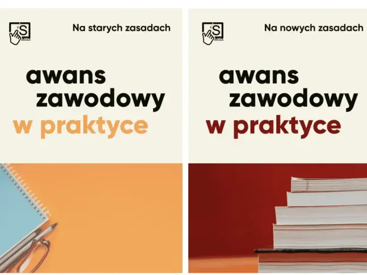 Dwa panele o awansie zawodowym. Lewy: "Na starych zasadach", zeszyt i przybory. Prawy: "Na nowych zasadach", stos książek. Idealne dla nauczyciela mianowanego.