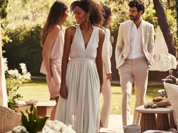 Des idées pour comment s'habiller pour un brunch ensoleillé : robes légères et costumes décontractés dans un jardin luxuriant.
