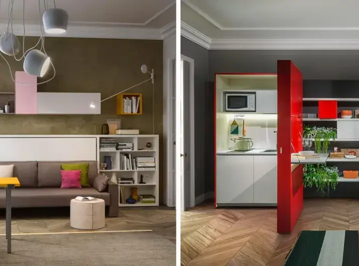 Idee progetto casa 45 mq: soggiorno con divano letto, scrivania a scomparsa e cucina compatta.