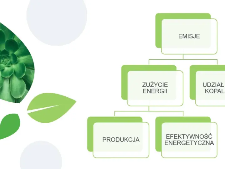 Schemat przedstawia czynniki wpływające na emisje, takie jak zużycie energii, udział paliw kopalnych, produkcja i efektywność energetyczna. Zielone liście symbolizują ekologię i redukcję co2.
