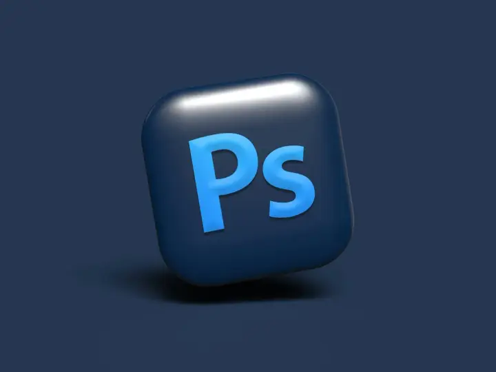 Icona 3D di Photoshop con lettere blu su sfondo blu scuro. Ottieni il tuo photoshop gratis!