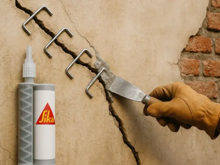Réparation d'une micro fissure sur un mur de maison avec des agrafes métalliques et un produit Sika.