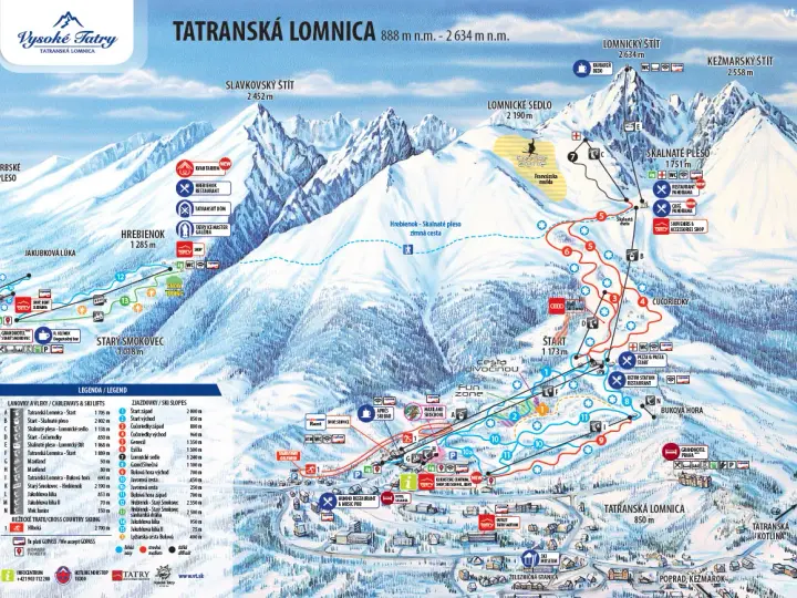 Mapa Tatrancí s vyznačenými sjezdovkami, lanovkami a turistickými cíli.