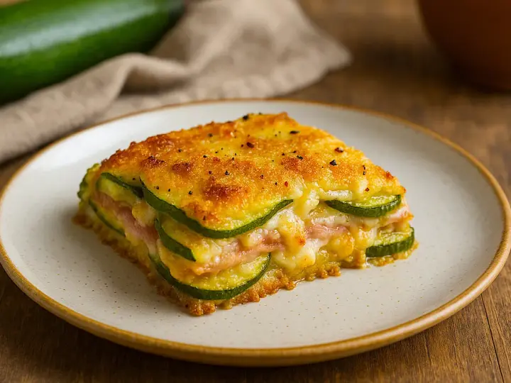 Una fetta di parmigiana di zucchine bianca alla napoletana, dorata e filante, con prosciutto e formaggio.