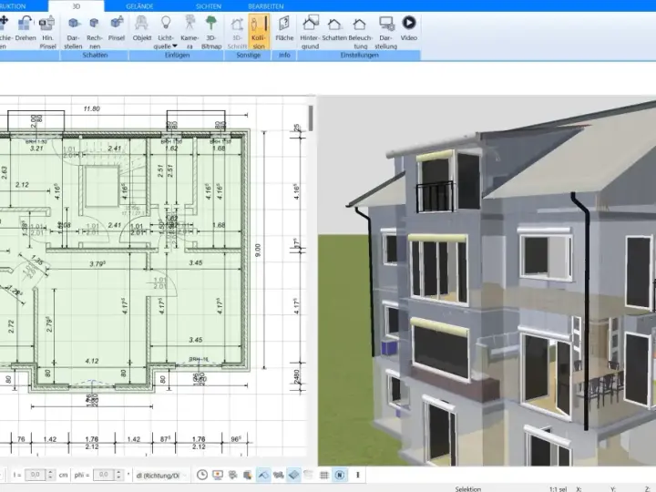Grundriss eines Hauses mit Maßen und 3D-Ansicht. Die Software ermöglicht die Planung und Berechnung von innenputz kosten.