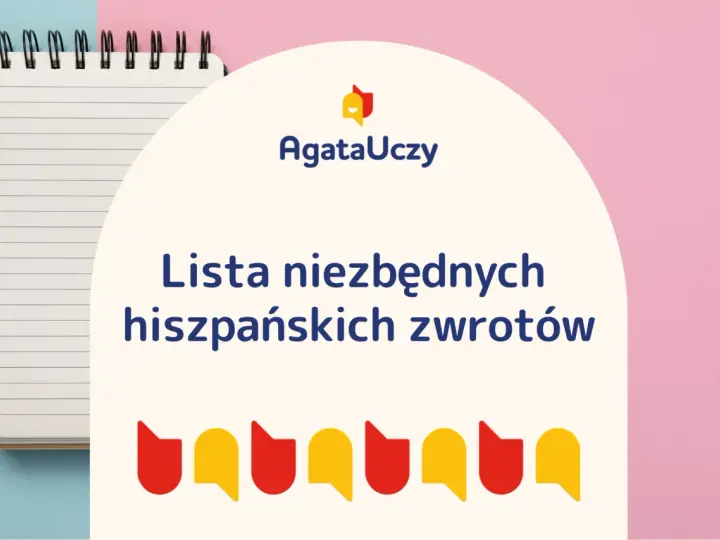 Lista niezbędnych hiszpańskich zwrotów z wymową. Notatnik i kolorowe dymki.