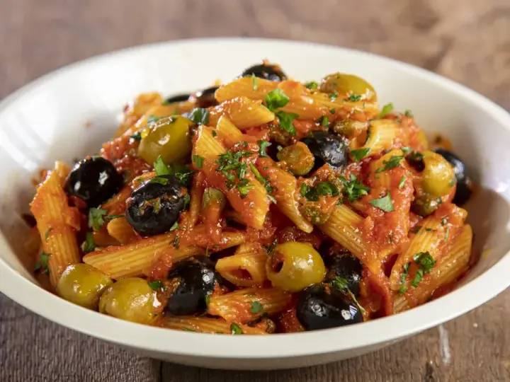 Penne con sugo rosso, olive nere e verdi, capperi e prezzemolo. Un piatto di pasta alla puttanesca invitante e saporito.