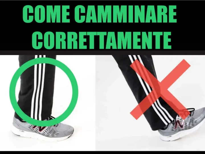 Immagine mostra come camminare correttamente: gamba sinistra con cerchio verde, gamba destra con croce rossa.