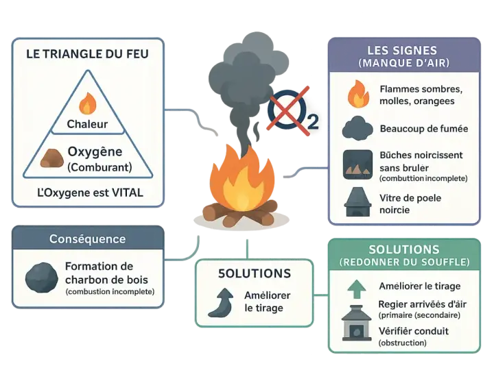 Le feu manque d'air : flammes sombres, fumée, bûches noircissent sans brûler. Le bois qui ne brûle pas est un signe de combustion incomplète. Solutions : améliorer le tirage.