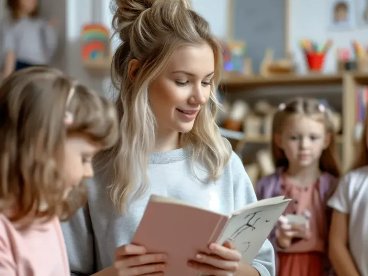 Nauczycielka czyta dzieciom bajkę. Zastanawiasz się, ile zarabia nauczyciel w przedszkolu? To praca pełna pasji, ale też wyzwań.