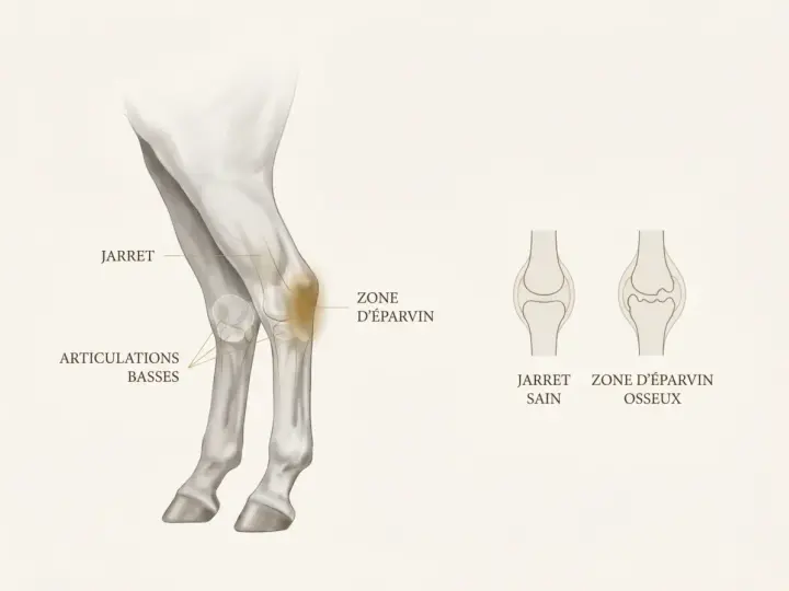Illustration anatomique du jarret de cheval, montrant la zone d'éparvin et les articulations basses. Comparaison entre un jarret sain et une zone d'éparvin osseuse.