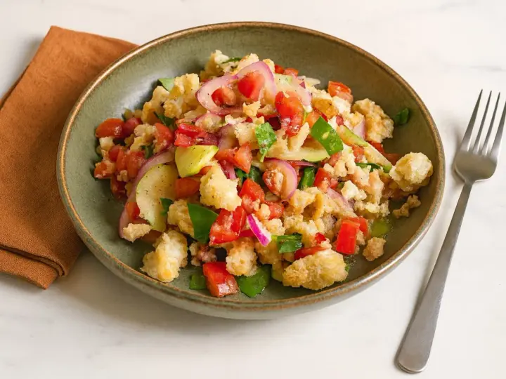 Panzanella rezept: Ein rustikaler Salat mit Brotstücken, Tomaten, Gurken und roten Zwiebeln in einer grünen Schüssel.