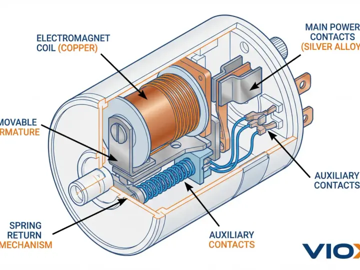 Schnittzeichnung des Aufbaus eines Anlassers mit Elektromagnetspule, beweglichem Anker, Hauptkontakten und Hilfskontakten.