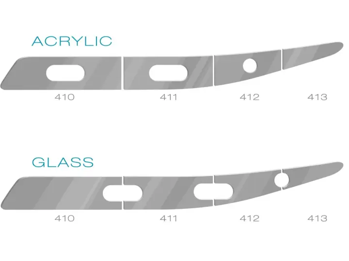 Comparing acrylic and glass shapes, the acrylic pieces appear thinner, suggesting plexiglass is lighter than glass.