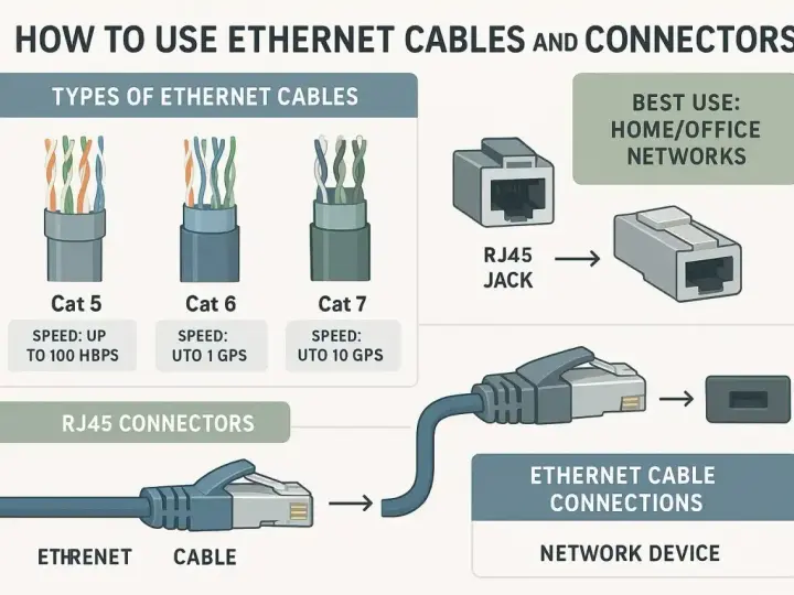 Ilustracja pokazuje różne typy kabli Ethernet (skrętka) Cat 5, 6, 7, złącza RJ45 i ich zastosowanie w sieciach domowych/biurowych.