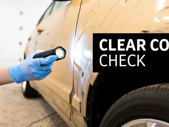 Gloved hand with flashlight inspects car's clear coat for damage, hinting at how to restore clear coat on car.