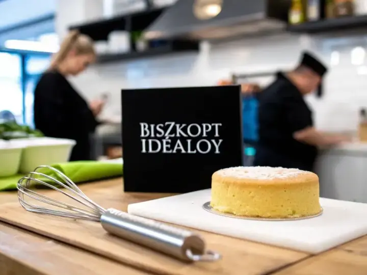 Idealny biszkopt pieczemy w temperaturze 170-180°C. Na stole kuchennym stoi gotowy biszkopt, obok trzepaczka i czarna tabliczka z napisem "BISZKOPT IDEALOY".