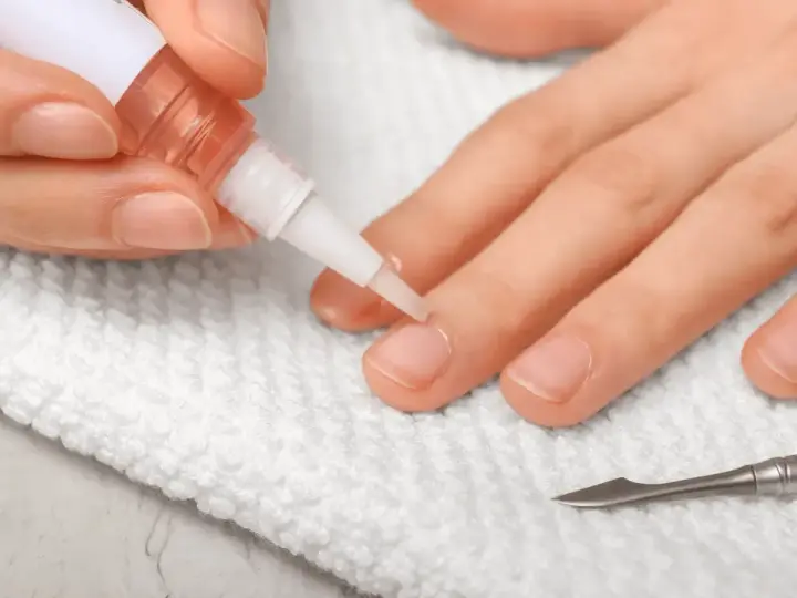 Application d'huile sur les cuticules des ongles pour un soin hydratant. Un petit pinceau dépose le produit sur le contour de l'ongle.