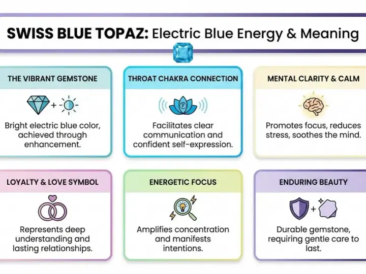 Swiss Blue Topaz represents electric blue energy, promoting clear communication, mental clarity, and enduring beauty.