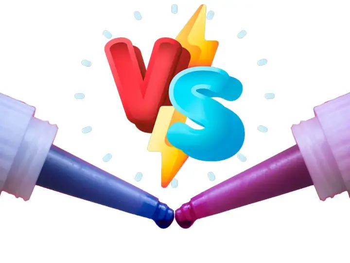 Dwa aplikatory z kroplami kleju, symbol "VS" i błyskawica. Jaki klej do gwintów wybrać?