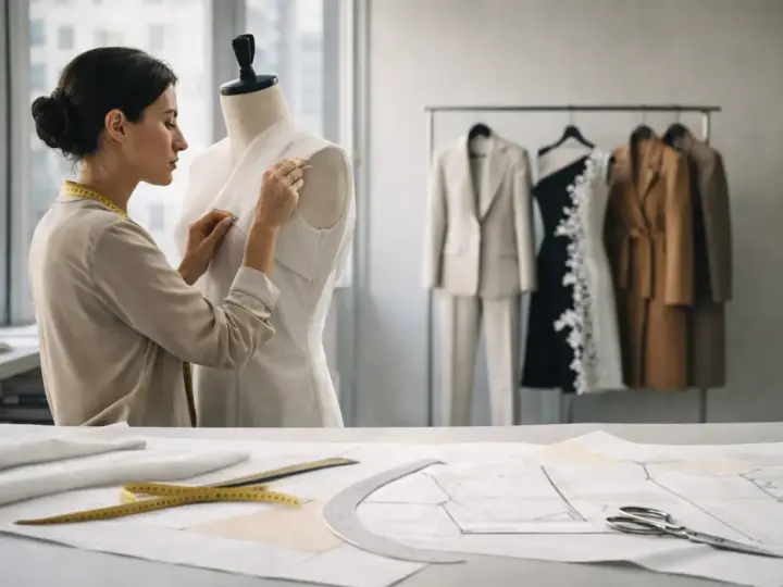 Modista ajusta un vestido en un maniquí, rodeada de patrones y prendas de **marcas pret a porter** colgadas en perchas.