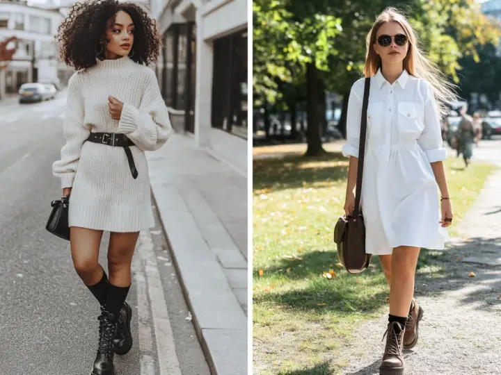 Deux femmes portent une robe avec bottes. L'une, en robe pull crème, arbore des bottes noires lacées. L'autre, en robe chemise blanche, porte des bottes marron.
