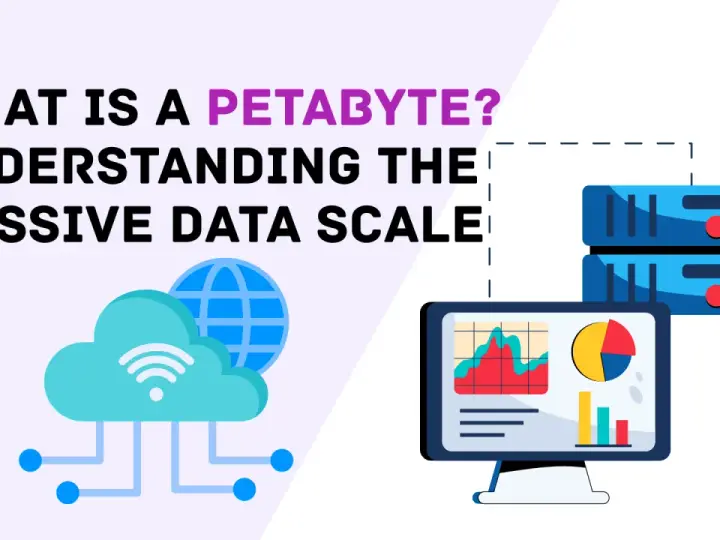 Was kommt nach Terabyte? Ein Petabyte ist eine riesige Datenmenge, dargestellt durch Server, Cloud und Computer mit Diagrammen.