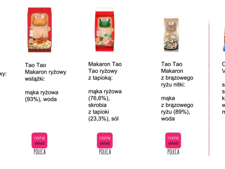 Różne rodzaje makaronu ryżowego: House of Asia (mąka ryżowa, woda), Tao Tao wstążki (mąka ryżowa 93%, woda), Tao Tao z tapioką (mąka ryżowa 76,6%, skrobia z tapioki 23,3%, sól), Tao Tao z brązowego ryżu (mąka z brązowego ryżu 89%, woda), Crown Pearl Ve...